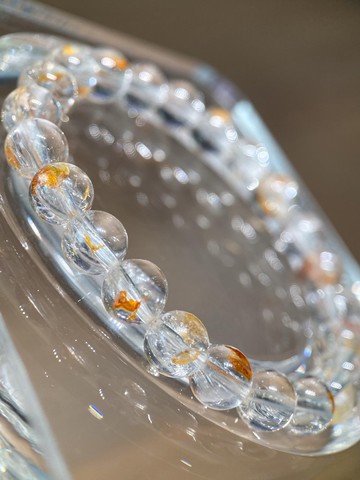 天然膠花水晶 白水晶黃膠花  8.2mm 手鏈 提升正能量 招財聚財