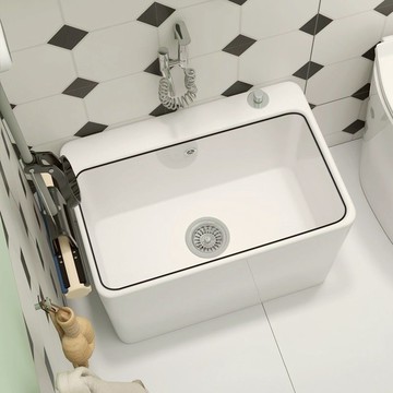 優樂悅~陶瓷拖把池家用陽臺拖布池衛生間黑色墩布池大號黑邊洗拖把盆長方