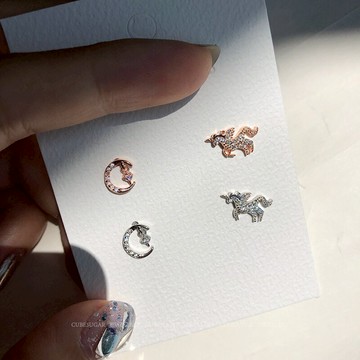 通體925純銀鑲鉆小馬不對稱耳釘網紅創意設計ins小眾高級感耳環1入