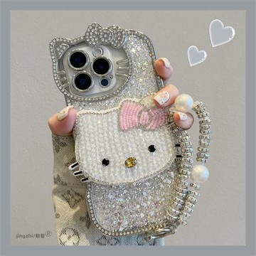 立體hellokitty鏡頭框鑲鉆適用iPhone15手機殼蘋果16promax新款14高顏值輕奢13小眾高級感12女款11帶掛鏈15pm