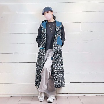 黑白圖騰藍 - 連帽拼接長版背心 #U3056