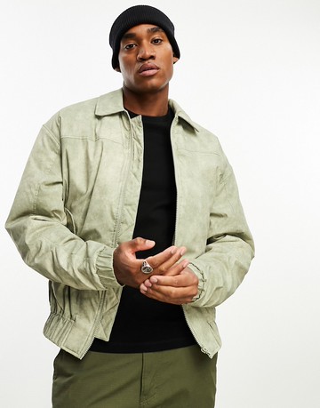 ASOS DESIGN oversized bomber jacket in washed khaki-Neutral