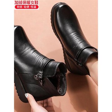 冬季媽媽老人棉鞋保暖真皮加絨皮鞋絨毛短靴女中老年平底防滑女靴