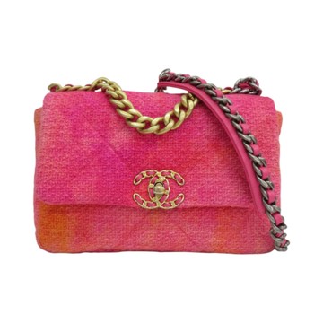CHANEL 香奈兒 桃粉色 毛呢 CHANEL 19 26cm 肩背包 金釦 【二手名牌BRAND OFF】
