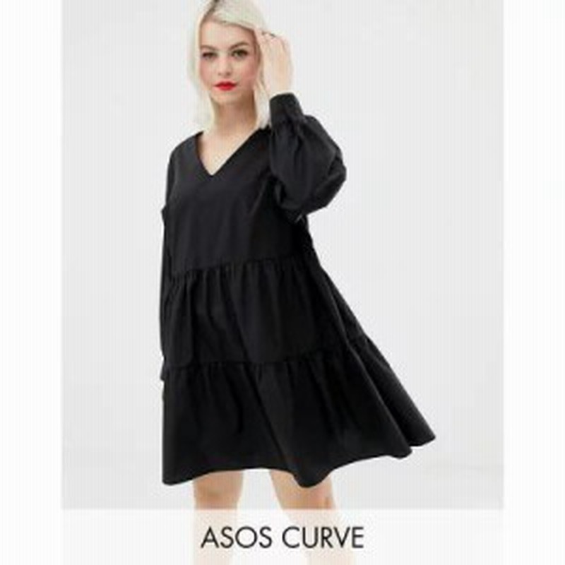 エイソス ワンピース Asos Design Curve Tiered Cotton Smock Mini Dress With Long Sleeves Black 通販 Lineポイント最大1 0 Get Lineショッピング