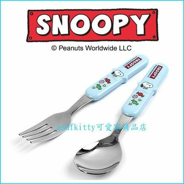 asdfkitty可愛家☆史努比藍色膠柄304不鏽鋼湯匙+叉子-韓國製
