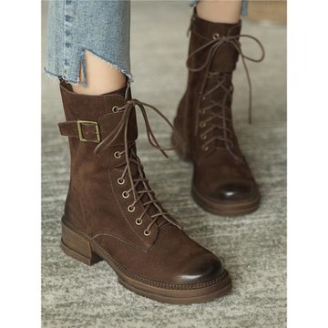 店主自留新款~真皮厚底馬丁靴女秋冬百搭粗跟英倫風加絨機車短靴