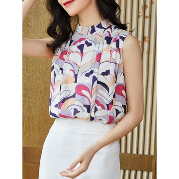 印花雪紡上衣女無袖背心2024夏裝韓版露肩碎花雪紡衫洋氣超仙小衫