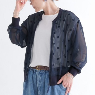 輕盈滑順・成熟網紗飛行員夾克・圓點圖案・不易皺・透視感・輕便外套・拉鍊・深海軍藍・ d-jk3007