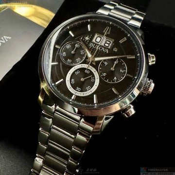 BULOVA 寶路華男錶 44mm 銀圓形精鋼錶殼 黑色三眼, 中三針顯示, 日曆窗錶面款 BU00006
