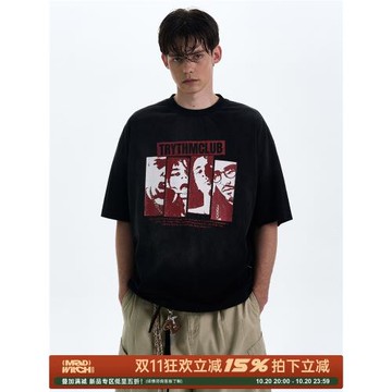 MADWITCH美式做舊水洗人物印花T恤男女寬松休閑痞帥設計感短袖潮