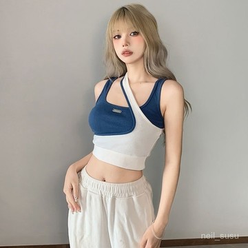 P3-【限時特賣】背心女 吊帶背心 女生背心 辣妹背心 小可愛 休閒運動風撞色假兩件拼接不規則吊帶背心女短款無袖上衣內搭