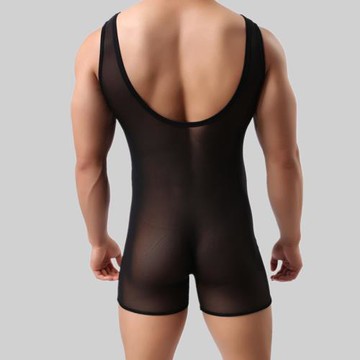男士透明性感網紗連體衣速干透氣純色連身背心運動健身連體內褲薄