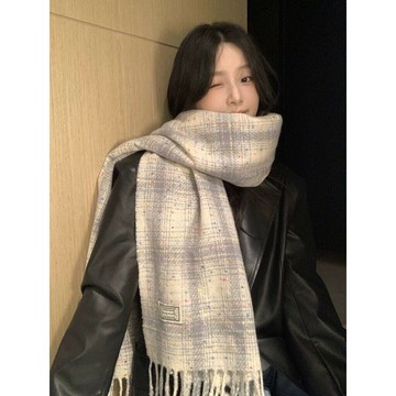 韓版彩虹豆豆顯白格子圍巾女秋冬新款學生情侶百搭保暖圍脖