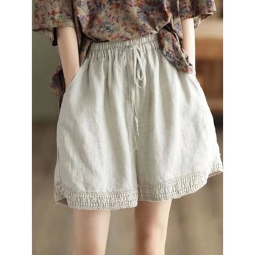 外貿法國單復古鏤空鉤花棉麻褲大碼女裝休閑褲胖妹妹顯瘦亞麻短褲