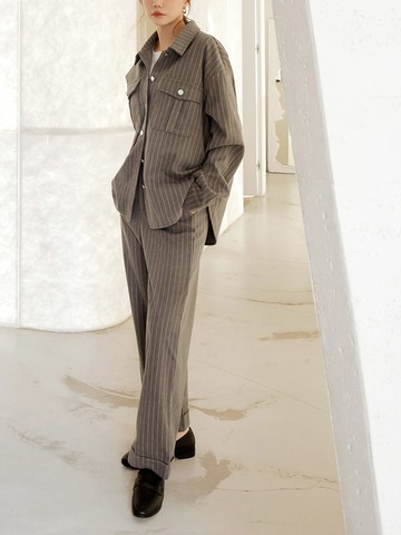 磨毛條紋後鬆緊直筒褲