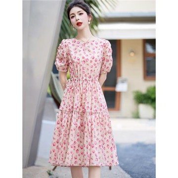 洋氣純棉碎花連衣裙女2025夏季新款短袖甜美氣質收腰顯瘦仙女裙子