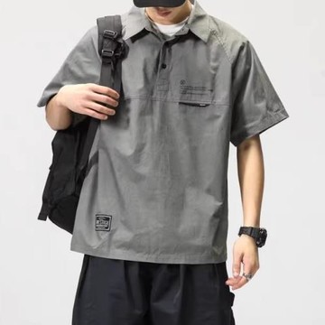 美式復古工裝POLO衫男士短袖夏季潮牌情侶翻領寬松大碼五分袖上衣