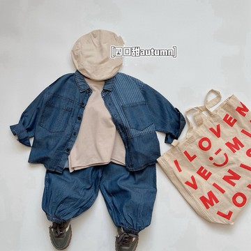 【四口甜】台灣現貨春秋新款90-130拼色天絲牛仔薄棉襯衫休閒外套日系童裝
