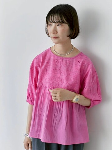 印度風花圖刺繡泡泡袖圓領襯衫(0F000773310) - Samansa Mos2 blue