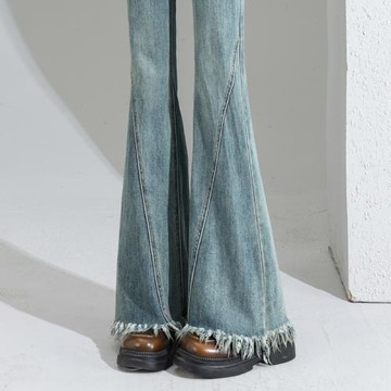 (免運)春裝拼接流蘇微喇叭牛仔褲女裝2024年新款小個子廣州新塘高端褲子