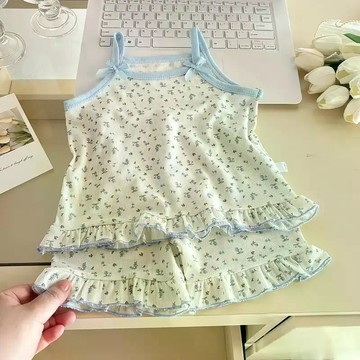 穿搭不發愁~夏季兒童吊帶花套裝女童無袖裙女童慵懶公主薄卡通洋氣 中小童兩件套 夏天衣服 兒童套裝 女童休閒短袖套裝