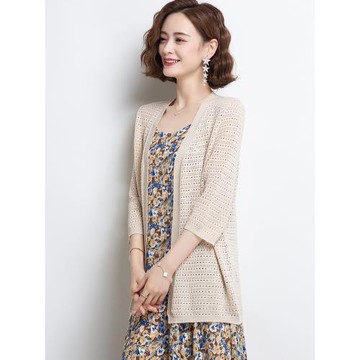 (免運)冰絲開衫外搭女中長款夏季冰麻針織衫上衣鏤空薄款披肩空調衫外套