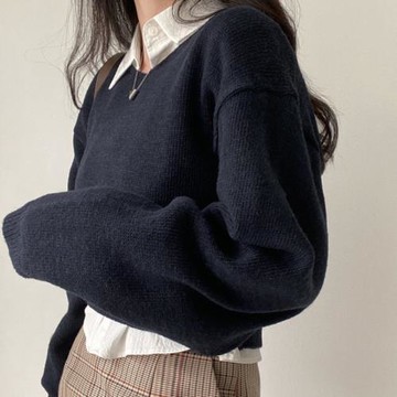 韓國chic秋冬法式小眾修身顯瘦百搭V領套頭短款毛衣長袖針織衫女