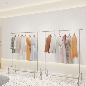 【工廠現貨】服裝店展示架不銹鋼拉絲銀落地立式帶輪可移動掛衣架 y8068