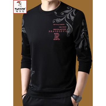 啄木鳥中年長袖t恤男圓領寬松體恤男士春秋裝上衣純棉秋衣打底衫T