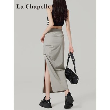 拉夏貝爾美式辣妹半身工裝裙女秋冬2025新款中長款褶皺開叉包臀裙