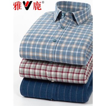 雅鹿冬季純棉磨毛加絨男士長袖保暖襯衫格子加厚襯衣中年全棉大碼