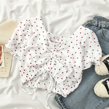 新款超火短款上衣配高腰褲小心機設計感鎖骨抽繩 短袖t恤女