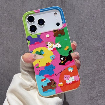 彩色小狗 iPhone17ProMax皮紋軟殼 蘋果16手機殼 大孔鏤空鏡頭 15plus 14 13 防摔保護殼