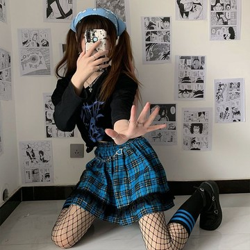 【臺灣有貨】辣妹超短裙藍色格子個性y2k金綫超閃土酷蓬蓬裙JK百搭日係格子裙