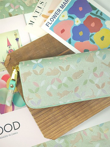 【開運錢包】西陣織金襴。七寶貓。綠。布長夾/錢包/皮夾