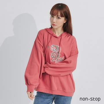 non-stop 暖萌花草刺繡恐龍連帽T恤-3色