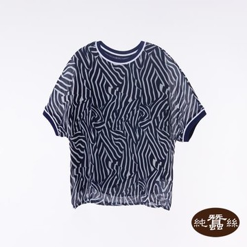 【岱妮蠶絲】純蠶絲柔美喬其紗女拼接撞色羅紋圓領休閒上衣-WWL41414K8(藍白條紋)