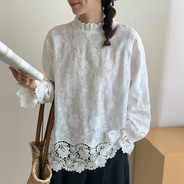 重工刺繡蕾絲拼接木耳立領長袖襯衫584488