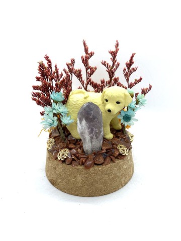 橘紅樹林。拉布拉多與紫水晶-手工玻璃罩公仔/水晶/乾燥花擺設