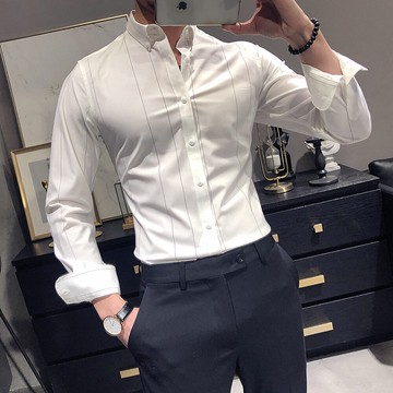 襯衫男士春秋季條紋白色免燙長袖商務正裝休閑修身痞帥高級感襯衣