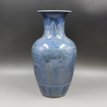 明嘉靖藍地雕刻穿花鳳紋魚尾瓶 手工仿古出土瓷器擺件 古玩收藏1入