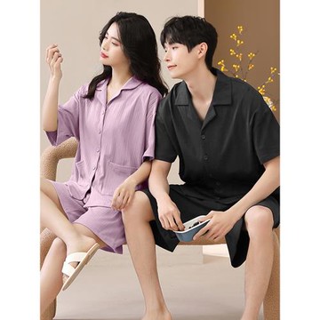 2025年新款情侶睡衣純棉短袖夏天薄款純色一男一女家居服套裝