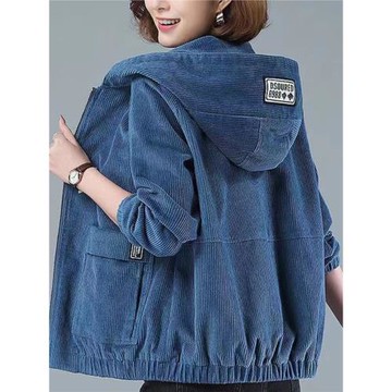 燈芯絨短款外套女秋冬韓版寬松2025新款大碼連帽休閑中年媽媽夾克