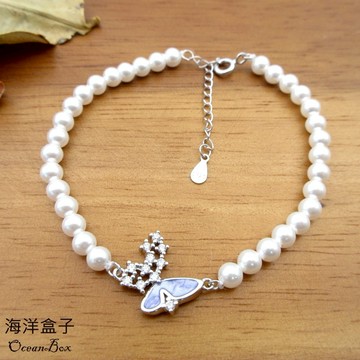 ☆§海洋盒子§☆高雅夢幻鑲鑽紫釉蝴蝶施家珍珠925純銀手鍊 OB3034 外鍍專櫃級正白K.女用手鍊