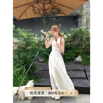 (免運)【清倉】切糕自制小個子夏季拼接裙子女氣質長款杏白色圓領連衣裙