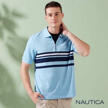 Nautica男裝 撞色拼接條紋拉鍊短袖POLO衫-藍色