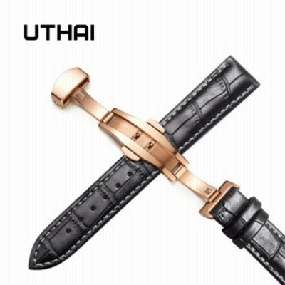 本革 時計バンド UTHAI【 Rosegold-black-white 】12-24 mm ユニバーサルウォッチ 蝶 バックル バンド ストラップ