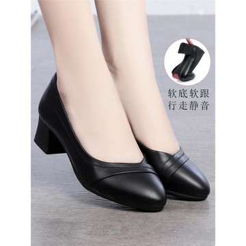 真皮正裝面試鞋女軟底圓頭中跟皮鞋職業工作鞋女黑色單鞋大碼春秋