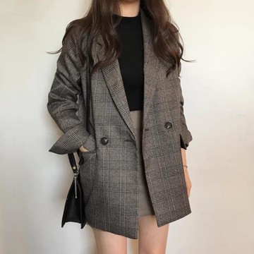 2025春季新款格子小西裝外套女韓版寬松休閑大碼復古英倫風西服潮